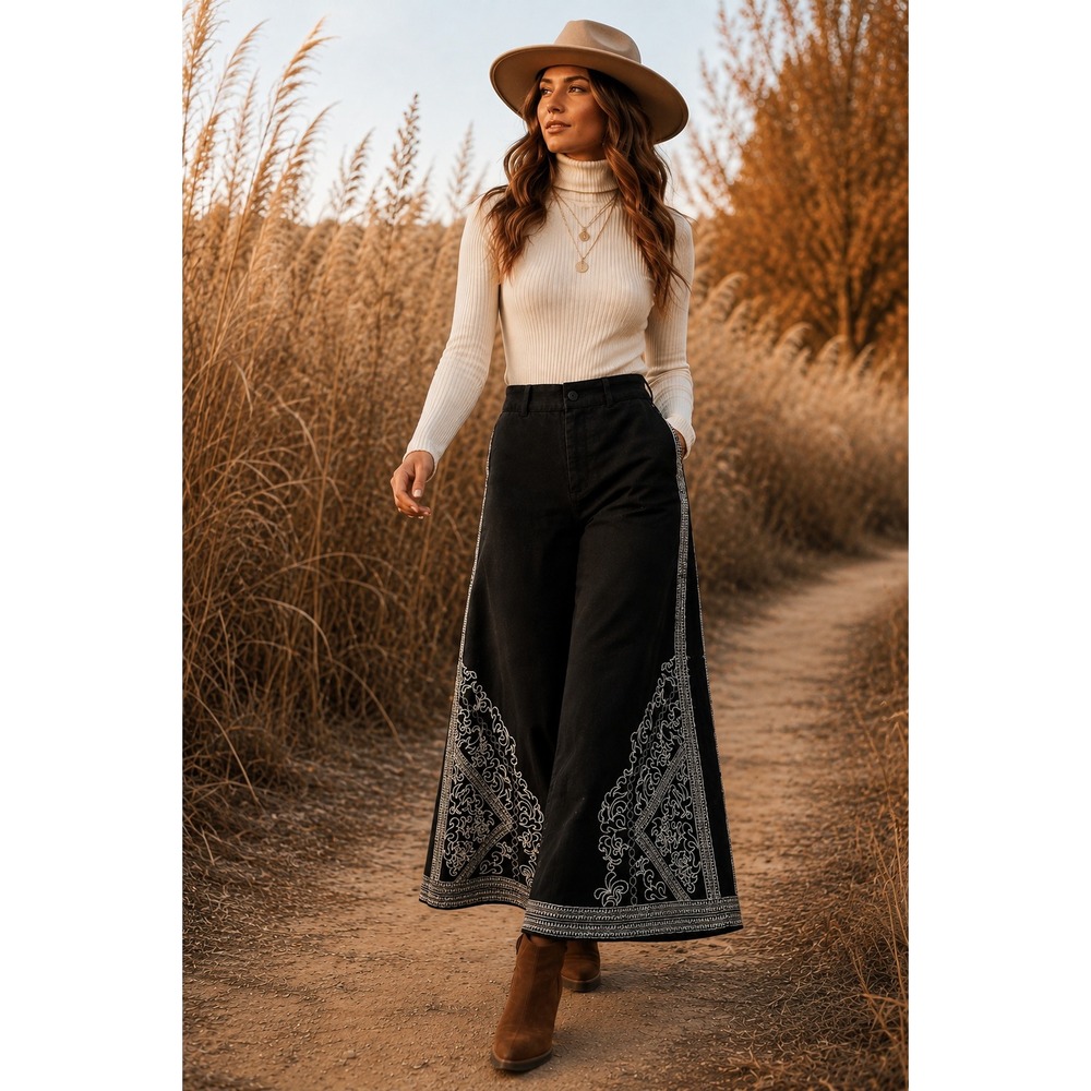 Haver + Blair Black Embroidered Wide Leg Linen Blend Pants Womens Small Boho